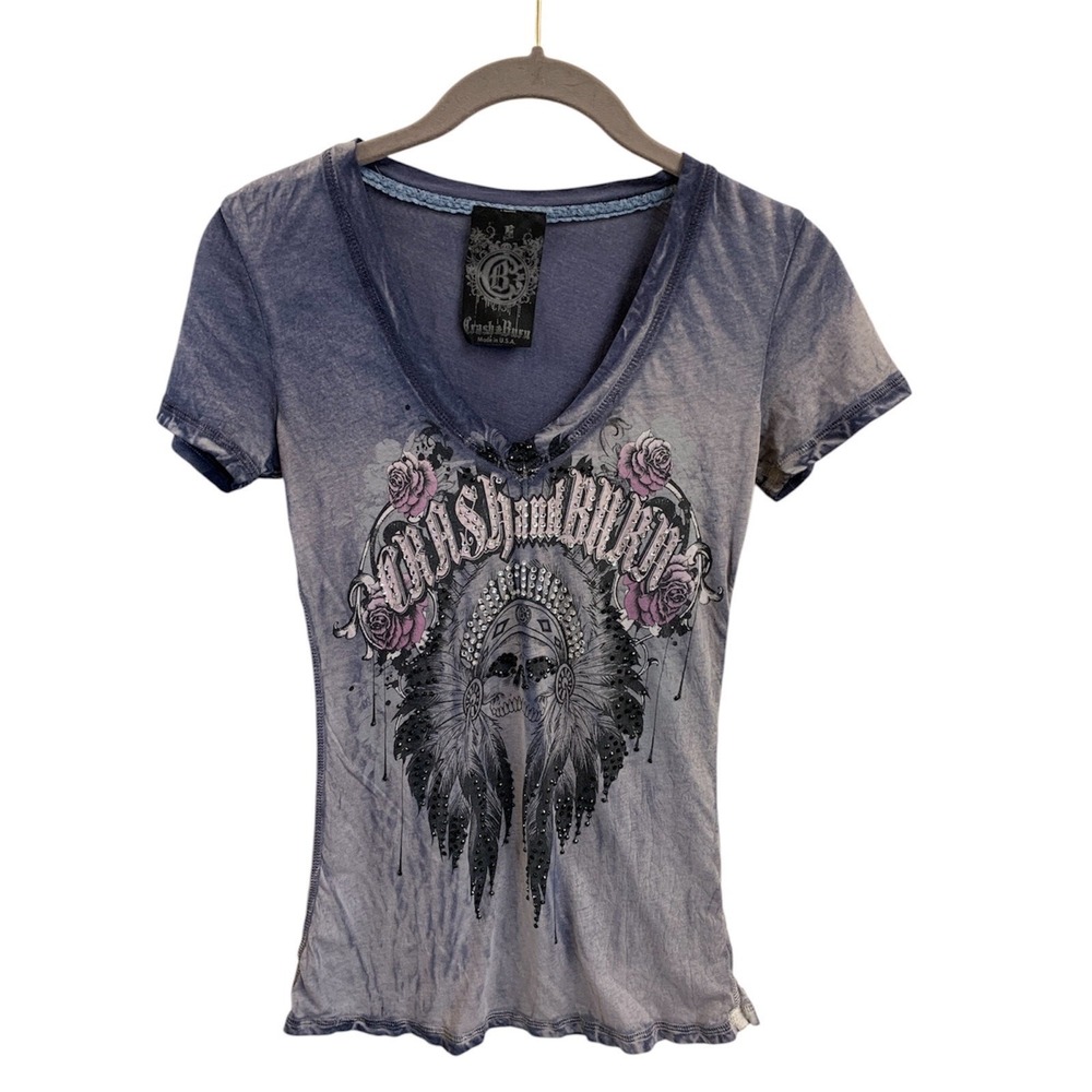 Crash and Burn Women's Top Small Gray/Purple Roses Rhinestones Indian Skull